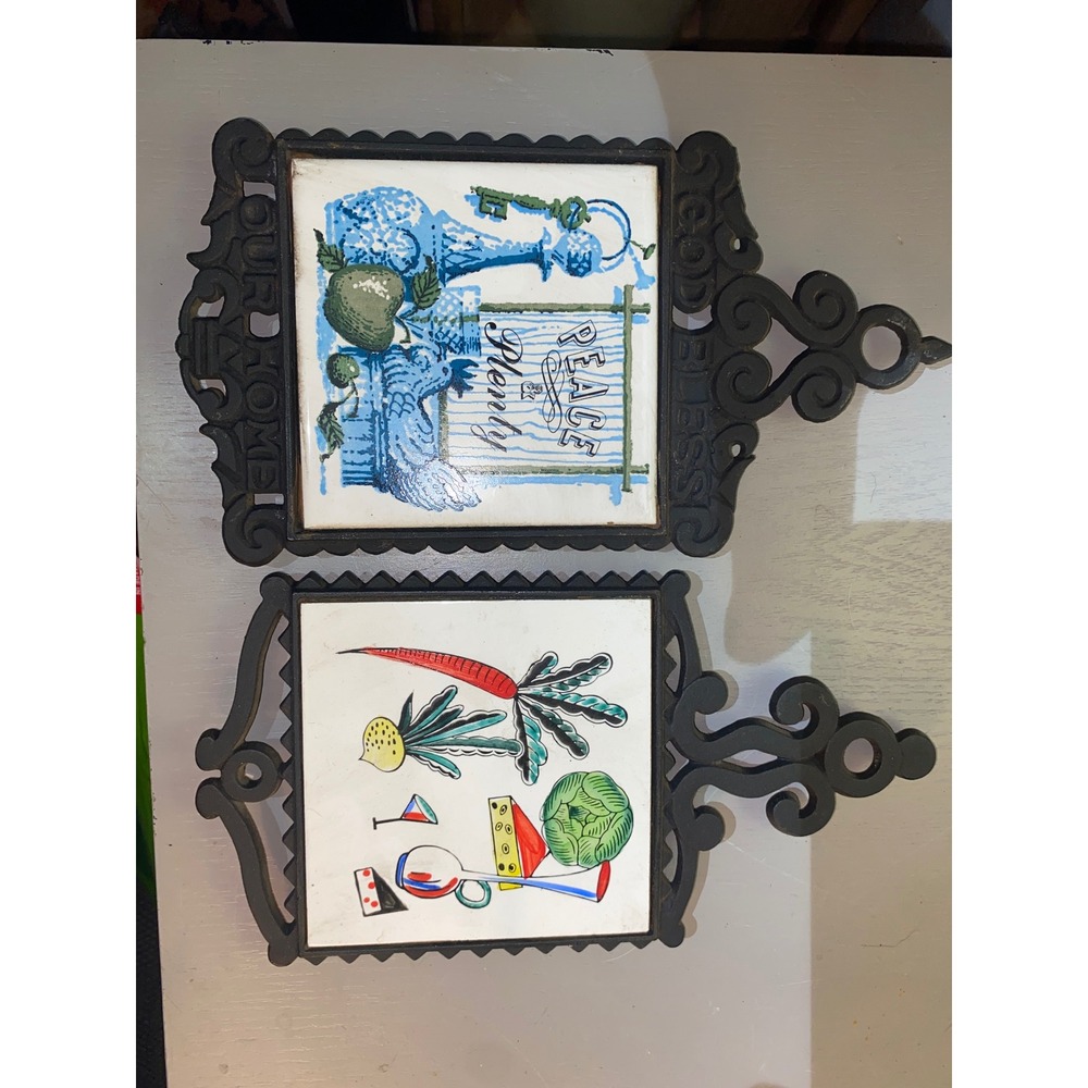 Vintage VEMI Japan CastIron Ceramic Trivet Set Peace & Plenty God Bless Our Home - Picture 1 of 3